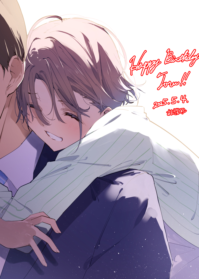 1boy 1girl ^_^ absurdres asakura_toru blazer blue_jacket blush closed_eyes dated grin happy_birthday hetero highres hug hug_from_behind idolmaster idolmaster_shiny_colors jacket producer_(idolmaster) puni_(punycolors) simple_background smile white_background
