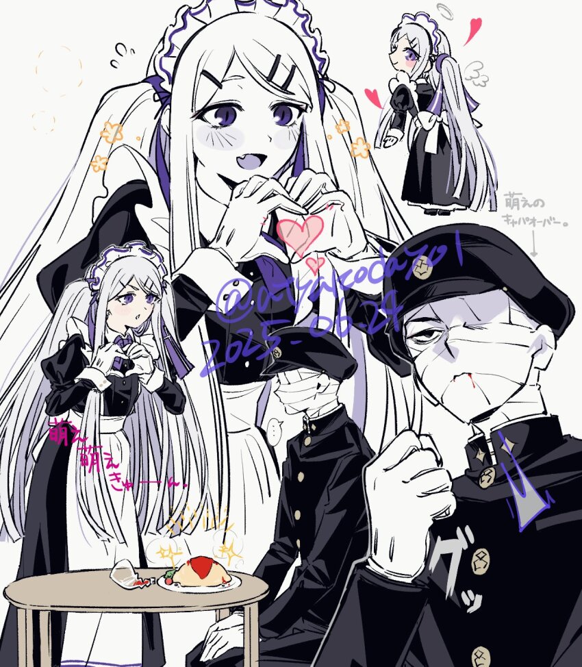 ... alternate_costume apron atyakodayo1 bandaged_head bandages black_dress black_jacket black_pants bleeding blood blood_from_mouth chabudai_(table) chibi chibi_inset clenched_hand collared_dress colored_tongue commentary_request covered_face dated drawn_halo drawn_wings dress enmaided fang flying_sweatdrops food gakuseibou geminism gloves grey_hair halo hand_up hat heart heart_hands heart_in_heart_hands highres hirosoma_kikyou jacket juliet_sleeves ketchup_bottle long_dress long_hair long_sleeves maid maid_apron moe_moe_kyun! multiple_views neck_ribbon omelet omurice one_eye_covered open_mouth pants parted_lips puffy_sleeves purple_eyes purple_ribbon purple_tongue ribbon seiza serious sitting sleeve_cuffs smile sparkle spoken_ellipsis swept_bangs table translation_request twitter_username two_side_up v-shaped_eyebrows white_gloves yamaga_awasumi
