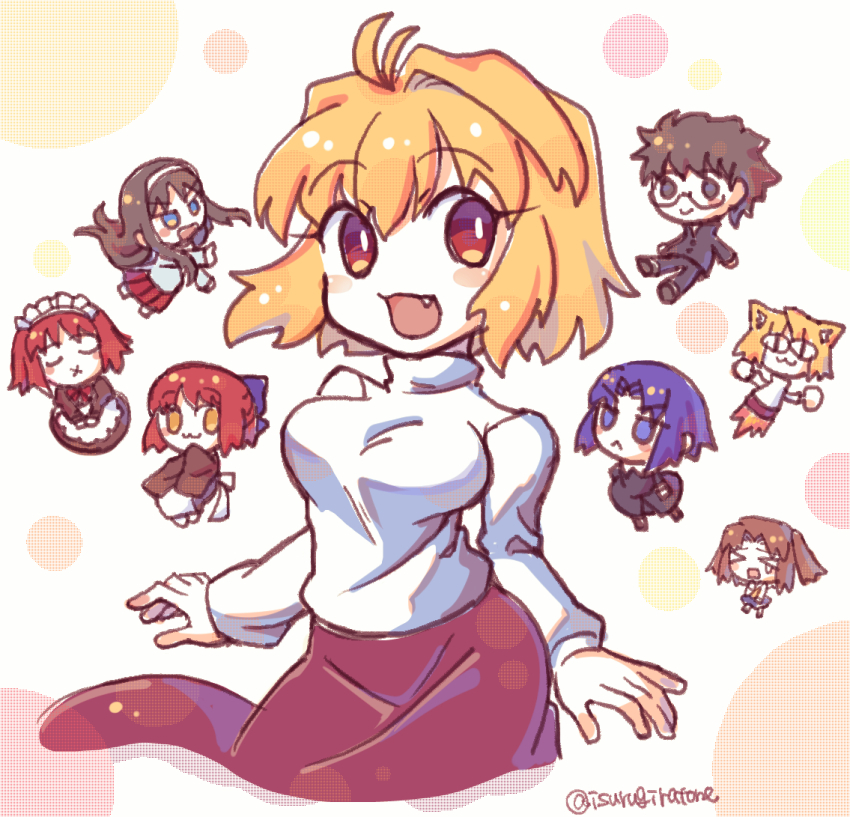 1boy 6+girls :3 :d angry animal_ears arcueid_brunestud black_eyes black_hair blonde_hair blue_eyes blue_hair blush blush_stickers bow breasts brown_hair cat_ears cat_girl chibi ciel_(tsukihime) closed_eyes closed_mouth crying dual_persona fang formal_clothes glasses hair_bow hisui_(tsukihime) isurugiratone japanese_clothes kimono kohaku_(tsukihime) large_breasts long_hair looking_at_viewer maid maid_headdress melty_blood multiple_girls neco-arc nun open_mouth purple_skirt red_eyes red_hair school_uniform short_hair siblings simple_background skirt smile smug sweater tohno_akiha tohno_shiki tsukihime tunic turtleneck turtleneck_sweater twins twintails yellow_eyes yumizuka_satsuki