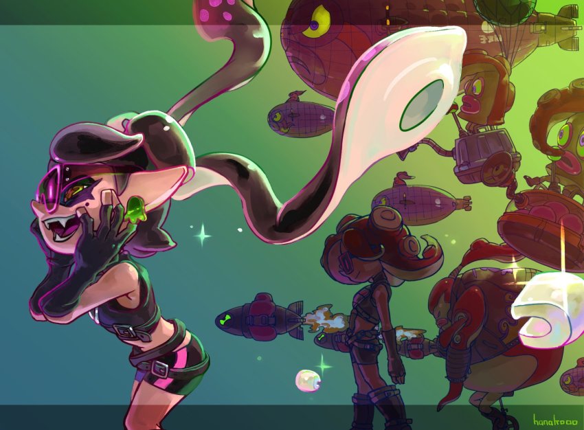 +_+ 2girls aircraft armor bike_shorts black_hair callie_(splatoon) cosplay dirigible earrings fangs from_side hands_on_own_face jewelry leaning_forward midriff mole mole_under_eye multiple_girls navel nintendo octarian_(enemy) octo_samurai octotrooper open_mouth pointy_ears pointy_nose smile splatoon_(series) splatoon_2 sunglasses symbol-shaped_pupils takozonesu takozonesu_(cosplay) teeth tentacle_hair vest yandere_trance yellow_eyes