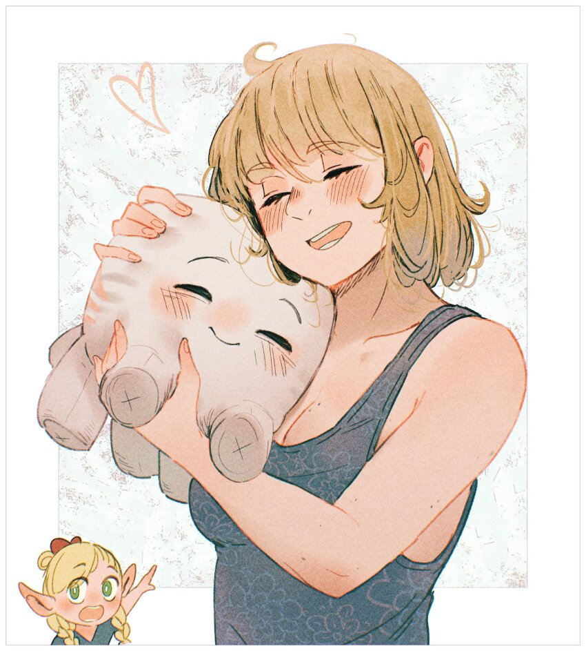2girls absurdres ahoge bare_shoulders blonde_hair blue_shirt blush border bow braid breasts bright_pupils cleavage closed_eyes dungeon_meshi eyes_visible_through_hair falin_touden falin_touden_(tallman) fingernails floral_print ghast green_eyes hair_bow happy_ghast heart highres hug long_hair marcille_donato medium_breasts meme minecraft mole mole_on_arm mole_on_breast multiple_girls nose_blush open_mouth outside_border pointing pointy_ears print_shirt red_bow shirt short_hair smile spindle_(aidenr0) tank_top teeth twin_braids two_soyjaks_pointing_(meme) upper_body white_background white_border white_pupils