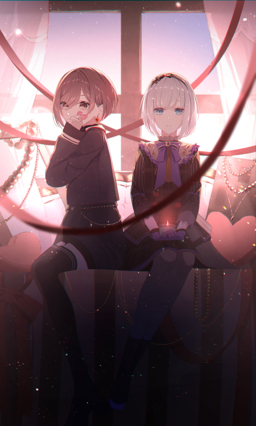 25-ji_nightcord_de._(project_sekai) 2girls absurdres black_shirt black_shorts black_thighhighs blue_eyes bow bowtie brown_eyes brown_hair closed_mouth curtains gloves hairband heart highres howless indoors jewelry light_particles long_sleeves looking_at_viewer multiple_girls official_alternate_costume open_mouth project_sekai ribbon sailor_collar shinonome_ena shirt short_hair shorts sitting smile thighhighs white_hair window yoisaki_kanade