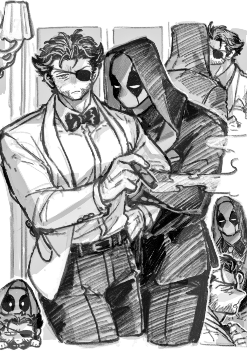 2boys animification belt bodysuit bow bowtie chibi cigar closed_mouth collared_shirt cowboy_shot deadpool deadpool_&amp;_wolverine deadpool_(series) dishing eyepatch facial_hair fingernails formal_clothes from_side greyscale highres holding holding_cigar hood jacket kiss lamp lapels long_sleeves looking_at_viewer male_focus marvel marvel_cinematic_universe monochrome multiple_boys multiple_views necktie open_clothes open_jacket open_mouth pants shirt short_hair simple_background smoke standing suit suit_jacket superhero_costume v-shaped_eyebrows wolverine_(x-men) x-men yaoi