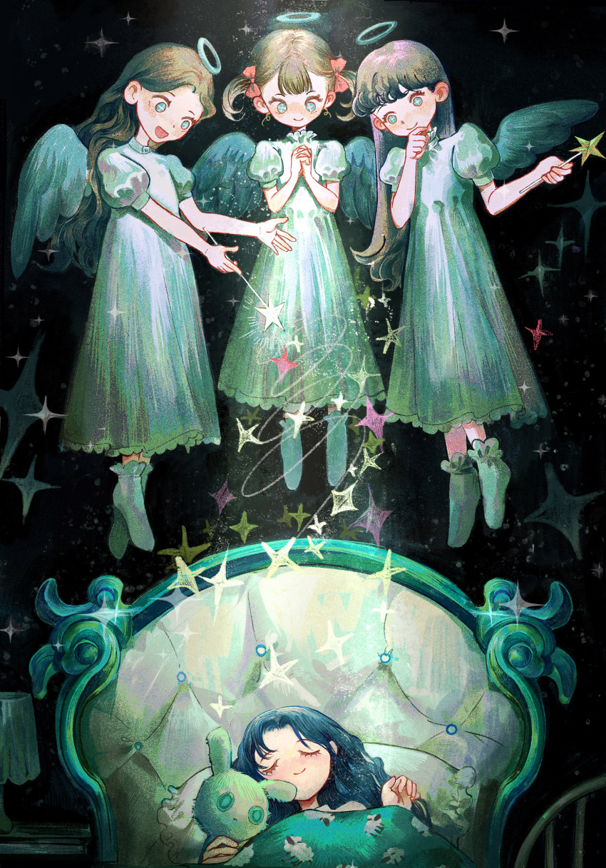4girls 5+0 angel angel_wings black_background blue_eyes blue_hair blush brown_hair child commentary desk_lamp dress eyelashes fairy flying frilled_socks frills halo highres lamp long_hair magic multiple_girls night original own_hands_together short_sleeves short_twintails sleeping smile socks sparkle spotlight star_(symbol) stuffed_animal stuffed_toy twintails wand white_dress wings