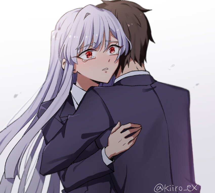 1boy 1girl aijou_rentarou black_jacket blunt_ends brown_hair collared_shirt commentary_request eiai_nano furrowed_brow gradient_background grey_background grey_hair hiiro_(kiiro_ex) hug jacket kimi_no_koto_ga_dai_dai_dai_dai_daisuki_na_100-nin_no_kanojo long_hair long_sleeves ohananomitsu_high_school_uniform parted_bangs parted_lips raised_eyebrows red_eyes scene_reference school_uniform shirt short_hair sidelocks single_hair_intake tearing_up twitter_username upper_body very_long_hair white_shirt wide-eyed