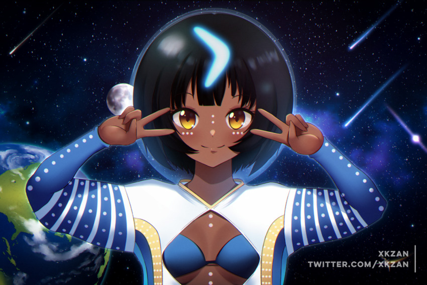 1girl alien black_hair blue_bra blunt_bangs blush bob_cut bodypaint boomerang bra breasts cleavage cleavage_cutout clothing_cutout comet dark-skinned_female dark_skin dress earth_(planet) emotional_engine_-_full_drive falling_star fate/grand_order fate_(series) fishbowl_helmet flat_chest floating glowing glowing_hair helmet lingerie long_sleeves looking_at_viewer moon night night_sky petite planet short_dress short_hair sky sleeves_past_wrists small_breasts smile solo space space_helmet spacesuit standing star_(sky) starry_sky sweater twitter_username underwear very_dark_skin wandjina_(fate) wandjina_(first_ascension)_(fate) xkzan yellow_eyes