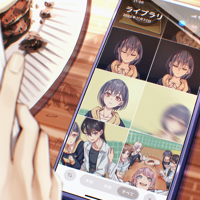 5girls absurdres bang_dream! bang_dream!_it&#039;s_mygo!!!!! birthday_cake black_hair black_shirt blue_eyes blurry brown_eyes brown_hair cake cellphone chihaya_anon commentary_request depth_of_field doki_(oox3o) food grey_eyes grey_hair hair_between_eyes hand_on_another&#039;s_shoulder heterochromia highres hood hood_down interlocked_fingers jacket kaname_raana layered_sleeves long_hair long_sleeves mole mole_under_eye motion_blur multiple_girls mygo!!!!!_(bang_dream!) nagasaki_soyo object_focus open_mouth phone plate purple_eyes selfie shiina_taki shirt short_hair short_over_long_sleeves short_sleeves sidelocks sleeves_past_wrists smartphone table takamatsu_tomori v white_jacket white_shirt yellow_eyes