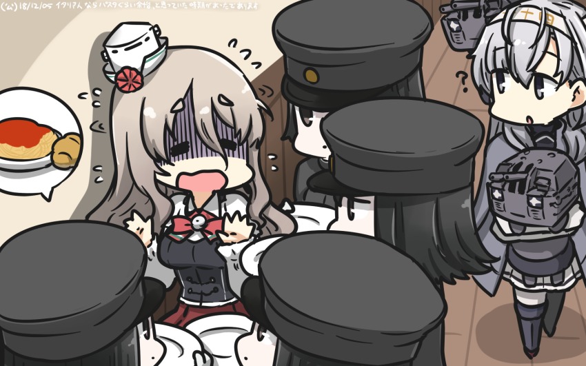 3girls 6+girls ? akitsu_maru_(kancolle) black_eyes black_hair blush bodysuit boots bow bowtie braid chou-10cm-hou-chan chou-10cm-hou-chan_(suzutsuki&#039;s) clone closed_mouth clothes_writing commentary_request corset food french_braid gloves grey_hair grey_jacket hachimaki hair_between_eyes hair_flaps hamu_koutarou hat headband highres jacket kantai_collection long_hair military military_uniform mini_hat miniskirt multiple_girls one_side_up open_mouth pale_skin pasta peaked_cap plate pleated_skirt pola_(kancolle) red_skirt remodel_(kantai_collection) sailor_collar shirt short_hair skirt suzutsuki_(kancolle) wavy_hair white_bodysuit white_gloves white_neckwear white_shirt white_skirt