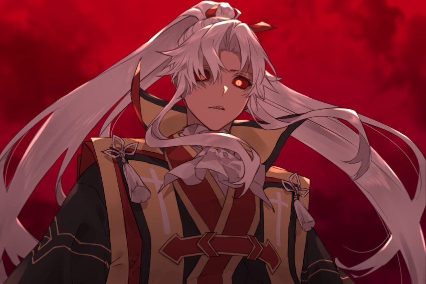 1boy amakusa_shirou_(fate) amakusa_shirou_(third_ascension)_(fate) colored_sclera commentary_request dark-skinned_male dark_skin fate/grand_order fate_(series) from_below high_ponytail japanese_clothes long_hair male_focus open_mouth orange_eyes ponytail red_background red_sclera sharp_teeth sidelocks slit_pupils solo tassel teeth tofu_(bean359) very_long_hair white_hair
