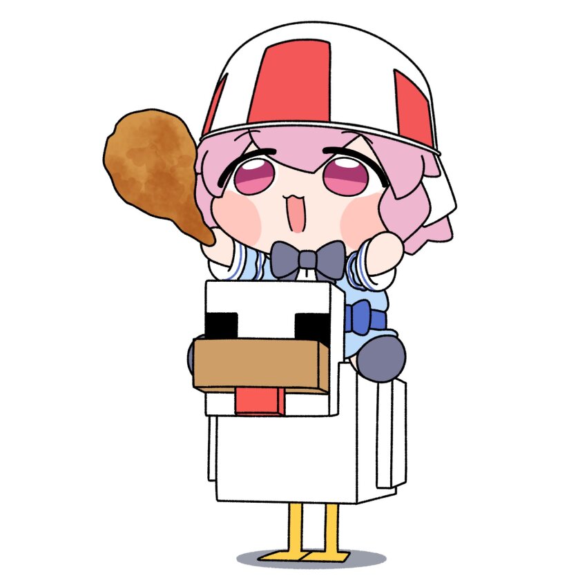 1girl bird blue_kimono blush bucket_hat chicken chicken_(food) chicken_(minecraft) chicken_jockey dress food fried_chicken hat highres japanese_clothes kimono long_sleeves minecraft open_mouth pink_eyes pink_hair ribbon riding saigyouji_yuyuko short_hair simple_background smile touhou white_background wide_sleeves y75zei
