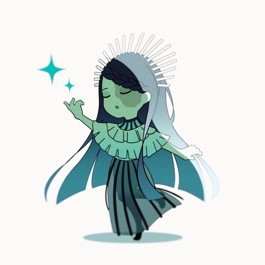 1girl ado_(utaite) blue_hair braid chibi chibi_only closed_eyes commentary_request gira-gira-chan_(ado) gira_gira grey_skirt hand_up highres long_hair open_mouth pike_(azas_ef) simple_background skirt solo sparkle very_long_hair white_background