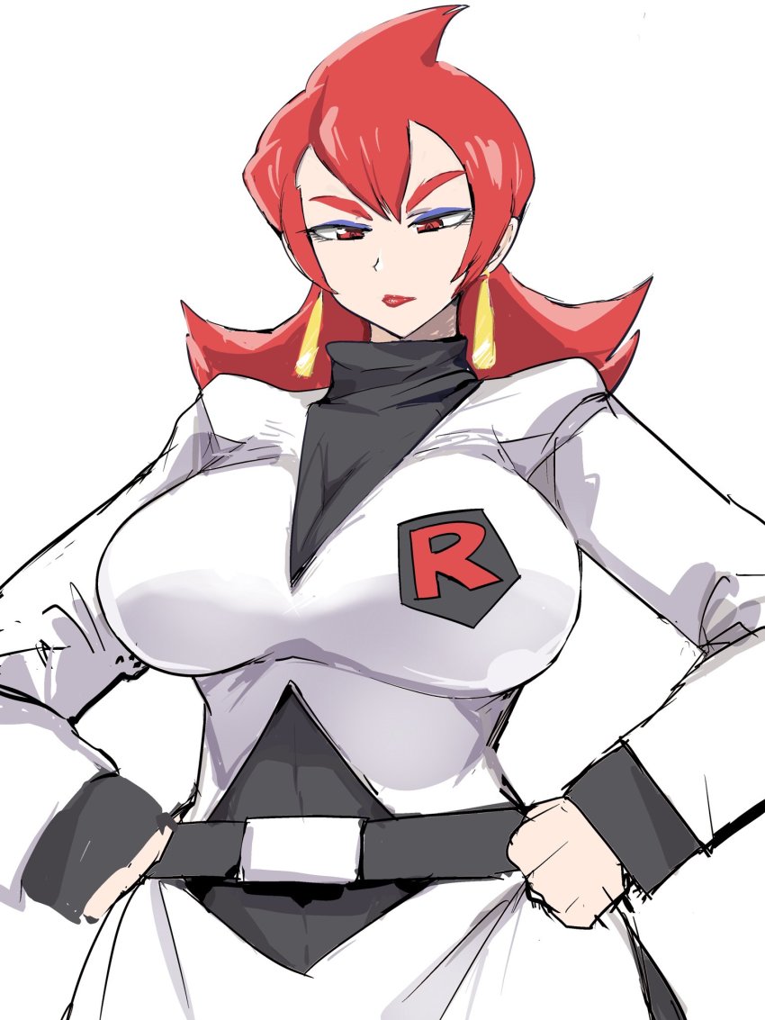 1girl ariana_(pokemon) belt breasts cleavage curvy highres lipstick makeup mature_female nintendo pokemon pokemon_hgss red_eyes red_hair serious setouchi setouchi_(blackse) solo tagme team_rocket thick_thighs thighs wide_hips