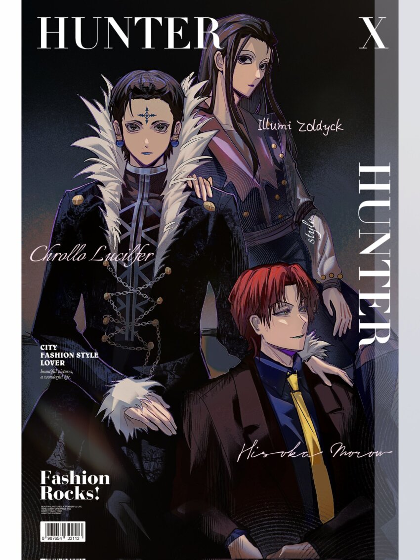 3boys black_hair black_jacket blue_lips blue_shirt border character_name chrollo_lucilfer closed_mouth collared_shirt cover earrings english_text facial_mark forehead_mark fur-trimmed_jacket fur_trim grose hand_on_another&#039;s_shoulder highres hisoka_morow hunter_x_hunter illumi_zoldyck jacket jewelry long_hair magazine_cover male_focus multiple_boys necktie parted_bangs pillarboxed red_hair shirt short_hair sidelocks smile suit_jacket upper_body white_border yellow_necktie