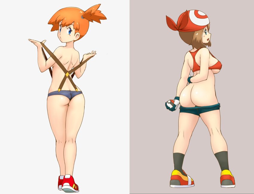 2girls arm_behind_back ass back bandana bike_shorts black_shorts black_socks blue_eyes blue_shorts breasts brown_hair butt_crack clothes_pull from_behind full_body gloves grey_background hair_tie highres holding holding_poke_ball kneepits looking_at_viewer looking_back may_(pokemon) medium_breasts micro_shorts misty_(pokemon) multicolored_footwear multiple_girls navel nintendo no_shirt one_side_up orange_hair parted_lips poke_ball poke_ball_(basic) poke_ball_symbol pokemon pokemon_(anime) pokemon_(classic_anime) pokemon_rse_(anime) red_bandana red_footwear red_sports_bra shoes short_hair short_shorts shorts shorts_pull shoulder_blades sideboob simple_background skindentation small_breasts sneakers socks sports_bra standing suspender_shorts suspenders suspenders_slip tof white_gloves yellow_footwear