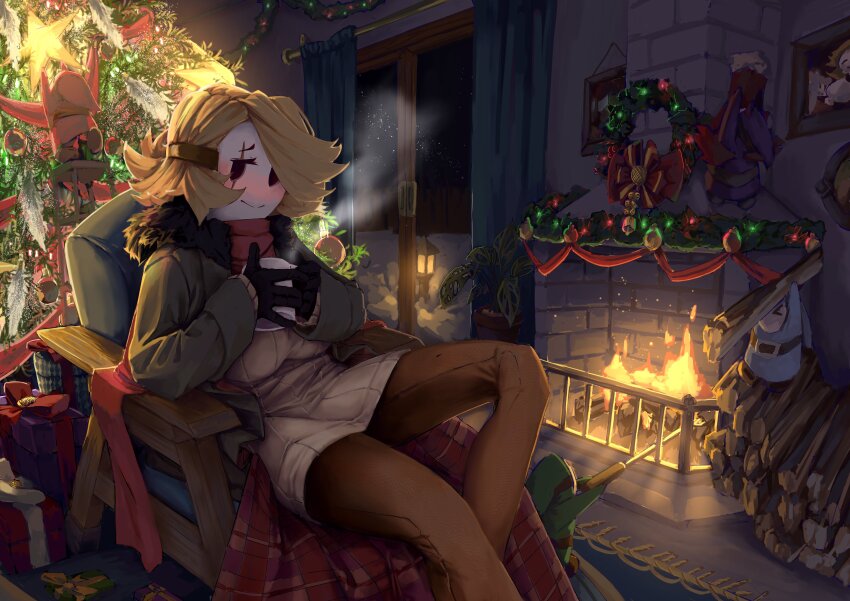 1boy 1girl 2022 absurdres blonde_hair blush borrowed_character box breasts brown_pants carpet christmas christmas_lights coat coffee_mug commentary commission cup english_commentary euredaicy feet_out_of_frame fire fireplace fur-trimmed_coat fur_trim gift gift_box grey_sweater hair_over_one_eye highres holding holding_cup indoors lantern large_breasts leg_up locket_white_(bakalorin) log mario_(series) mug night nintendo nose_blush original pants scarf shy_gal shy_guy sitting smile smoke snow super_mario_bros._2 sweater swept_bangs white_mask wreath