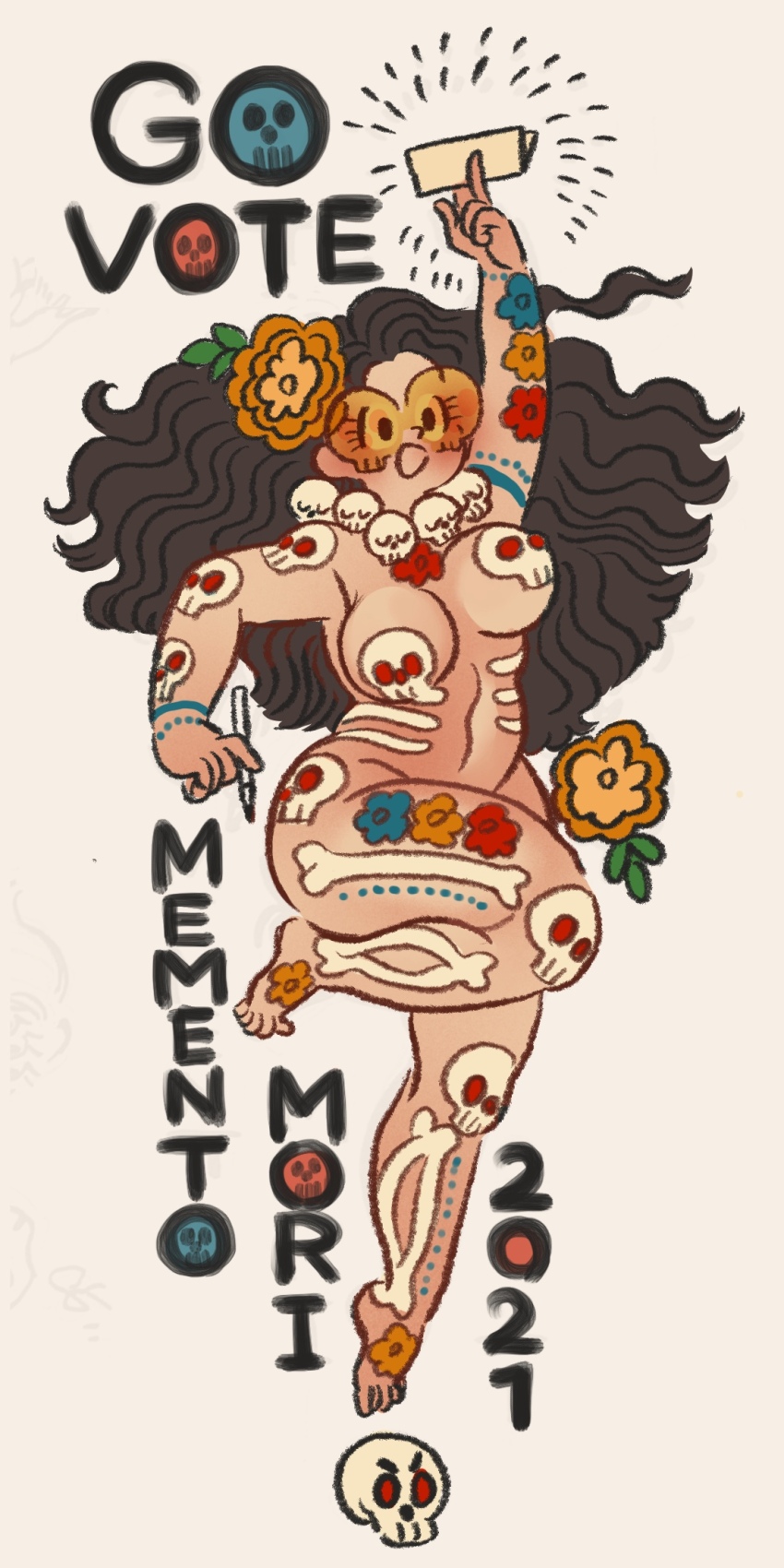 1girl 2021 barefoot black_hair bodypaint flower glass hair_flower hair_ornament highres holding holding_paper jewelry leaf leg_up long_hair naked_paint navel necklace nude open_mouth orange-tinted_eyewear orange_flower original panoramango paper skull_necklace smile solo tinted_eyewear