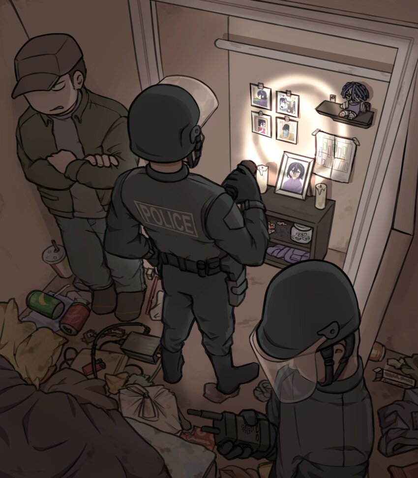 3boys angel_martinez bag bed brown_eyes bulletproof_vest can candle character_doll clinical_trial_(game) commentary crossed_arms cup disposable_cup english_commentary face_shield faceless faceless_male flashlight hand_on_own_hip hat highres holding holding_flashlight holding_walkie-talkie holster homie_(clinicaltrialrp) jar lee_smith male_focus messy multiple_boys plastic_bag portrait shelf spoilers tactical_clothes walkie-talkie
