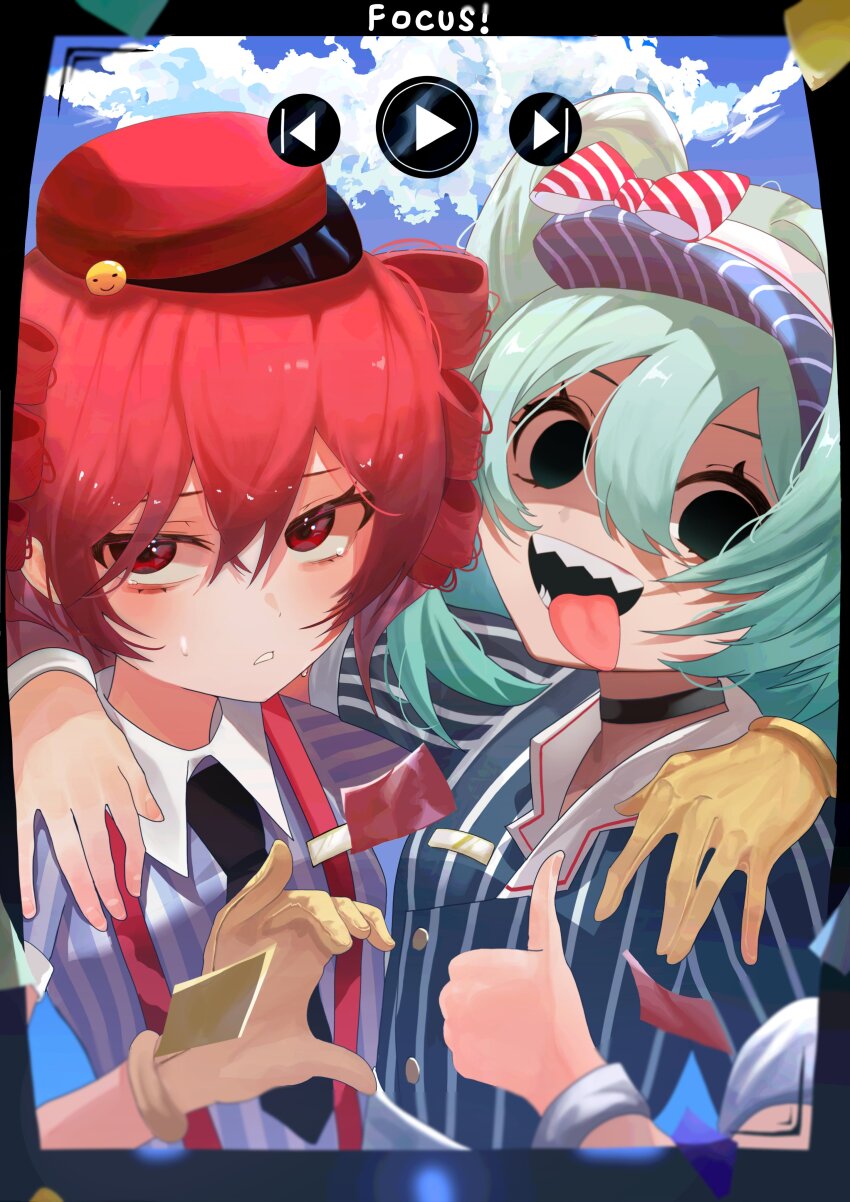 2girls absurdres alternate_costume aqua_hair arm_around_neck black_choker black_eyes black_necktie blue_dress blue_hat blush buttons choker cloud collared_dress double-breasted dress drill_hair fast_forward_button fingernails gloves hair_between_eyes hashtag-only_commentary hat hatsune_miku heart_hands_failure highres hurikawa kasane_teto looking_at_viewer media_player_interface mesmerizer_(vocaloid) multiple_girls necktie parted_bangs pinstripe_dress pinstripe_hat pinstripe_pattern play_button red_hair red_hat rewind_button sailor_collar sharp_teeth short_sleeves smiley_hat_ornament solid_circle_eyes suspenders sweater sweater_dress teeth thumbs_up tongue tongue_out twin_drills twintails upper_body utau vocaloid white_sailor_collar white_wrist_cuffs wrist_cuffs yellow_gloves