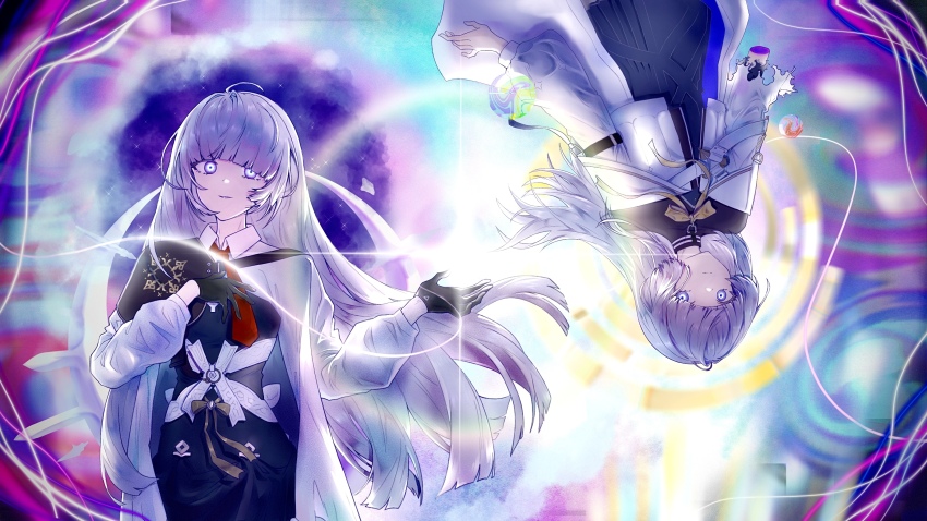 2girls absurdres arcaea black_dress black_gloves black_pantyhose black_skirt blue_eyes bow collared_shirt dress earrings empity_kongdun gloves glowing glowing_eyes hair_between_eyes highres insight_(arcaea) insight_(designant)_(arcaea) jewelry long_sleeves multiple_girls necktie pantyhose purple_eyes red_necktie shirt single_shoulder_pad skirt smile thigh_strap white_hair white_shirt yellow_bow