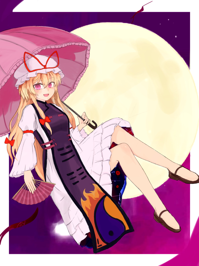 1girl 83mkneinlsqmebq blonde_hair bow commentary_request flame_print folding_fan gap_(touhou) hair_bow hand_fan hat hat_ribbon highres holding holding_fan holding_umbrella long_hair long_sleeves looking_at_viewer mob_cap open_mouth parasol purple_tabard red_bow red_ribbon ribbon smile solo tabard touhou umbrella yakumo_yukari yin_yang yin_yang_print