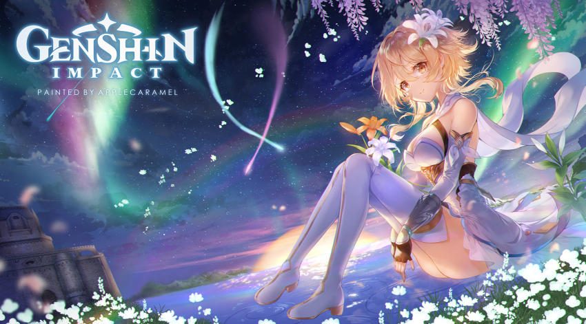 1girl apple_caramel artist_name aurora blonde_hair breasts brown_eyes cleavage comet copyright_name detached_sleeves flower full_body genshin_impact hair_flower hair_ornament highres looking_at_viewer lumine_(genshin_impact) medium_breasts outdoors sitting solo thighhighs twintails wisteria