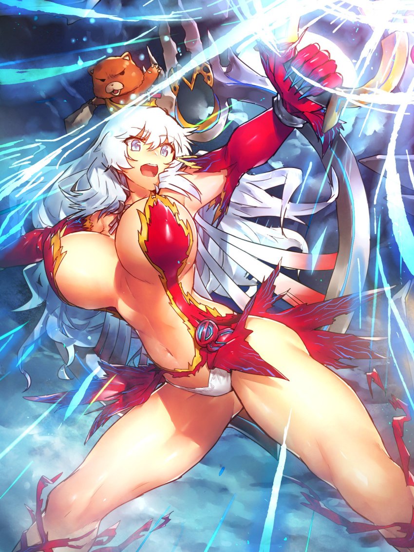 1girl artemis_(fate) artemis_(third_ascension)_(fate) bare_shoulders boots bouncing_breasts bow_(weapon) breasts fate/grand_order fate_(series) grey_eyes highres huge_breasts knee_boots legs long_hair long_legs melon22 open_mouth orion_(bear)_(fate) outstretched_arms panties silver_hair spread_arms stuffed_animal stuffed_toy teddy_bear thick_thighs thighs underwear weapon white_panties