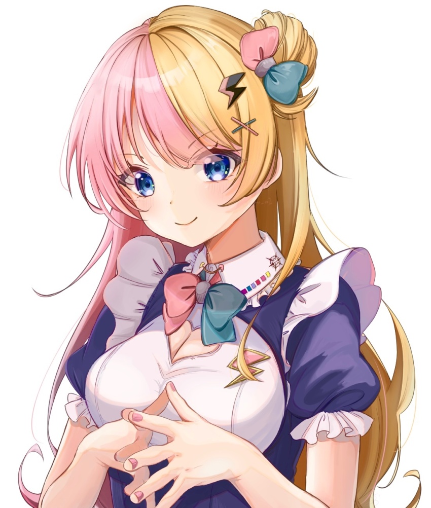 blonde_hair blue_eyes cleavage_cutout clothing_cutout hair_bun hair_ornament heart_cutout highres kano3 kotoka_torahime lightning_bolt lightning_bolt_hair_ornament lightning_bolt_symbol long_hair maid multicolored_hair nijisanji nijisanji_en pink_hair pink_nails simple_background smile split-color_hair two-tone_hair virtual_youtuber white_background x_hair_ornament