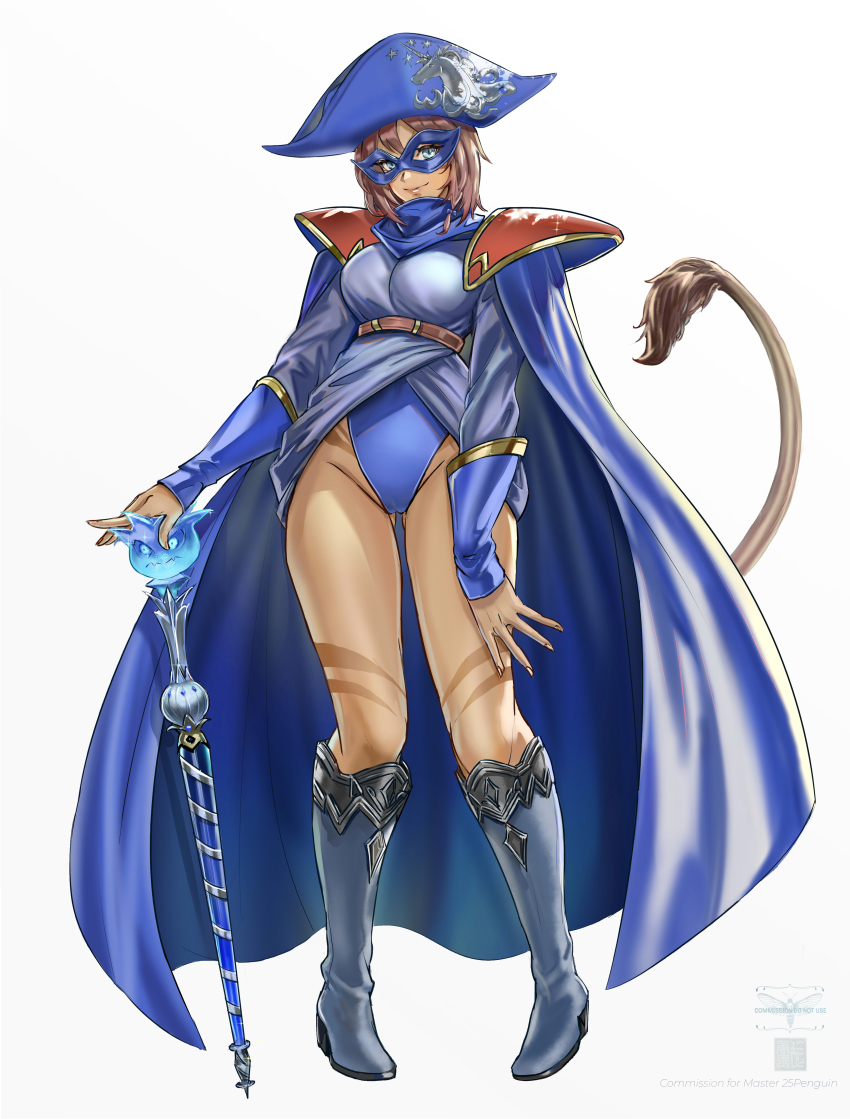 absurdres armor bare_hips belt blue_cloak blue_footwear blue_gloves blue_headwear blue_leotard blue_mage_(final_fantasy) blue_sleeves blue_tunic body_markings boots brown_belt brown_hair cameltoe cat_girl cloak commentary commission commissioner_upload cuffs english_commentary eye_mask facial_mark facial_tattoo final_fantasy final_fantasy_xiv fingerless_gloves gloves gold_trim hat highres knees leg_tattoo legs leotard lion_tail looking_at_viewer meiyu miqo&#039;te pauldrons pigeon-toed red_hair shoulder_armor shoulder_plates sleeve_cuffs smile tail tattoo thighs tunic wand warrior_of_light_(ff14) white_eyes