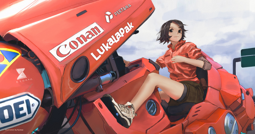 1girl akira_(manga) bare_legs black_shorts brown_eyes brown_hair closed_mouth cloud cloudy_sky commentary english_commentary faiz_azhar full_body highres jacket kaneda_shoutarou&#039;s_bike layered_sleeves light_smile long_sleeves looking_at_viewer motor_vehicle motorcycle original red_jacket shoes short_hair short_over_long_sleeves short_sleeves shorts sky sneakers solo sport_motorcycle white_shoes