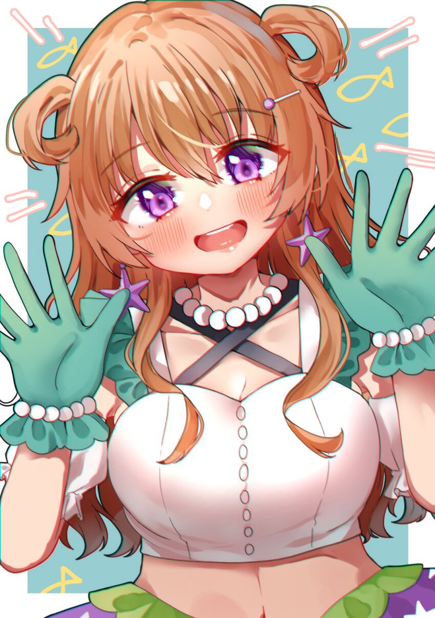 1girl :d aqua_gloves blue_background blush breasts brown_hair cleavage collarbone commentary_request daydream_mermaid derivative_work fish_background frilled_gloves frills gloves hair_between_eyes hair_horns hair_ornament hairclip highres kemari_(falmari6) konoe_kanata large_breasts long_hair love_live! love_live!_nijigasaki_high_school_idol_club love_live!_nijigasaki_high_school_idol_club_the_movie_-_finale midriff navel official_alternate_costume open_mouth outside_border purple_eyes shirt simple_fish sleeveless sleeveless_shirt smile solo teeth upper_body upper_teeth_only white_shirt