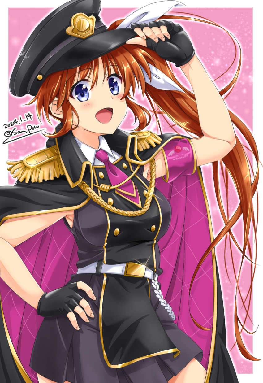 1girl armpit_peek black_gloves blue_eyes blush breasts brown_hair dated fingerless_gloves gloves hand_on_own_hip hat highres large_breasts long_hair looking_at_viewer lyrical_nanoha lyrical_store mahou_shoujo_lyrical_nanoha_strikers military_hat necktie open_mouth pink_background pink_necktie ponytail san-pon signature simple_background sleeveless smile solo takamachi_nanoha