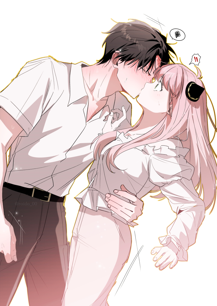! !! 1boy 1girl absurdres aged_up ahoge anya_(spy_x_family) arm_around_waist belt belt_buckle black_belt black_hair blush breasts buckle closed_eyes collared_shirt couple damian_desmond furrowed_brow grey_pants hairpods hetero highres juliet_sleeves kiss long_hair long_sleeves medium_breasts off-shoulder_sweater off_shoulder pants pink_hair pink_pants puffy_sleeves roido_0 shirt short_hair short_sleeves spoken_exclamation_mark spoken_squiggle spy_x_family squiggle sweatdrop sweater twitter_username white_background white_shirt wide-eyed