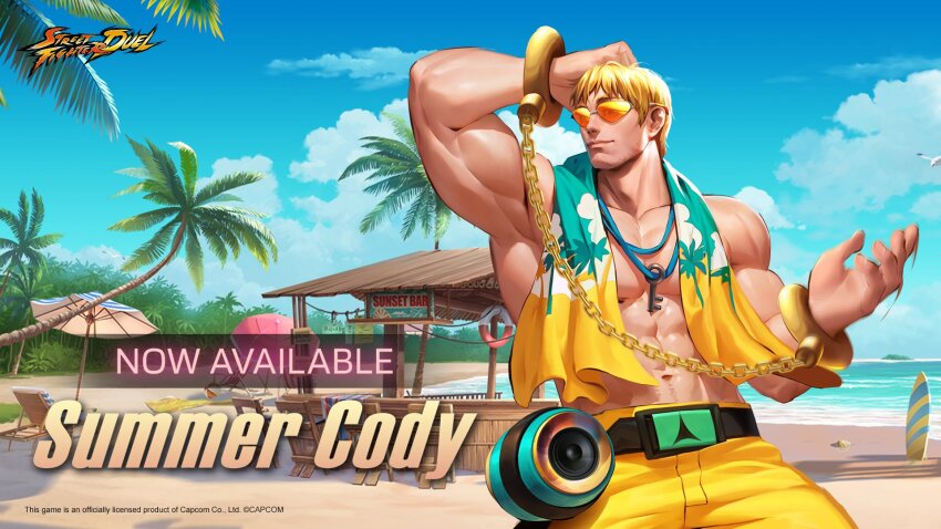 beach belt bird chain cloud coconut_tree cody_travers cuffs deck_chair english_text final_fight handcuffs highres jewelry key muscular muscular_male necklace ocean official_alternate_costume official_art palm_tree seagull sky speaker street_fighter street_fighter:_duel sunglasses surfboard towel tree umbrella