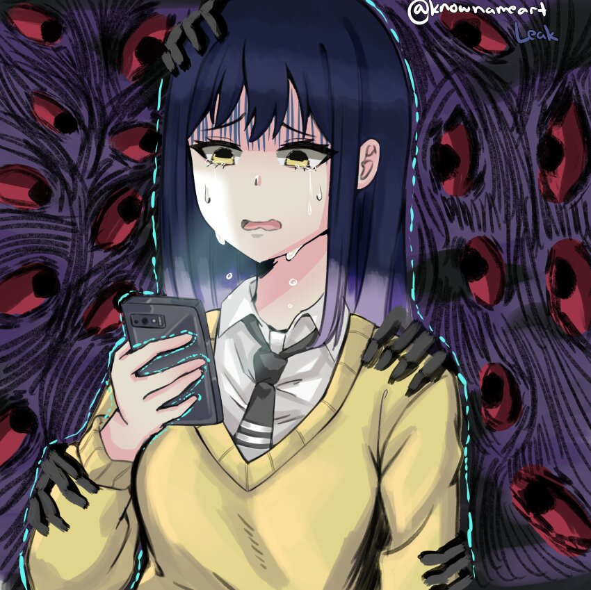 1girl absurdres black_necktie blue_hair cellphone commentary creepy_eyes crying crying_with_eyes_open english_commentary hand_on_another&#039;s_arm hand_on_another&#039;s_shoulder highres holding holding_phone horrified inktober knowname long_hair looking_at_another looking_at_phone mieruko-chan monster necktie open_mouth phone red_eyes scared shirt spirit streaming_tears sweater tears trembling twitter_username white_shirt yellow_eyes yellow_sweater yotsuya_miko