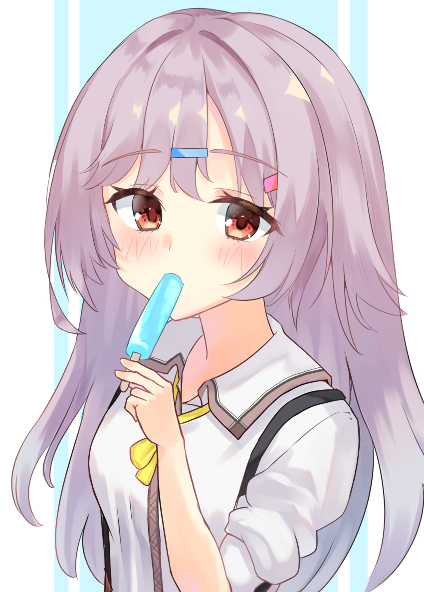1girl absurdres blue_background blush bow collared_shirt colored_eyelashes commentary eyelashes food food_in_mouth grey_hair gyaru hair_between_eyes hair_intakes hair_ornament hairclip hand_up highres holding holding_food holding_popsicle kinoshita_kaede long_hair looking_at_viewer misori_mania popsicle popsicle_in_mouth red_eyes school_uniform shirt simple_background sleeves_rolled_up solo tenshi_souzou_re-boot! tsurime two-tone_background upper_body very_long_hair white_background white_shirt yellow_bow