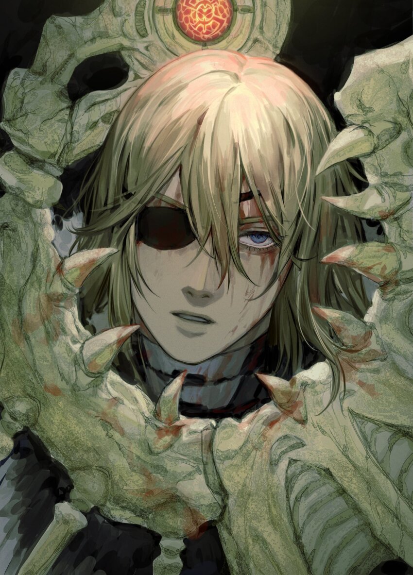 1boy aymr_(fire_emblem) blonde_hair blood blood_on_face blue_eyes dimitri_alexandre_blaiddyd dimitri_alexandre_blaiddyd_(timeskip) eyepatch fire_emblem fire_emblem:_three_houses highres leedare614 long_hair looking_at_viewer nintendo open_mouth solo