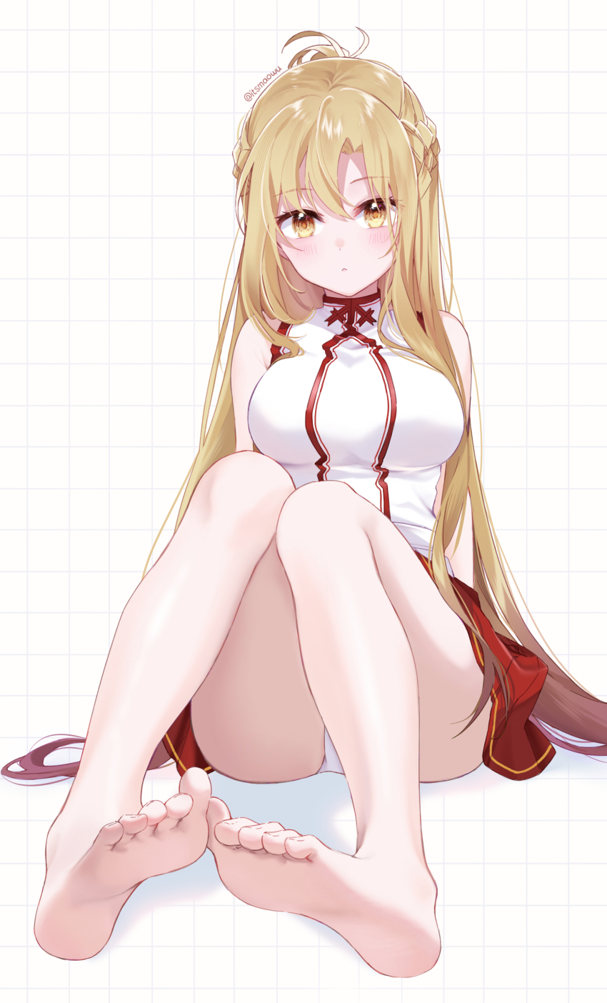 1girl absurdres asuna_(sao) bare_arms bare_legs bare_shoulders barefoot breasts brown_eyes brown_hair commentary feet full_body grid grid_background highres istriri knights_of_blood_uniform_(sao) large_breasts legs long_hair long_sidelocks looking_at_viewer miniskirt no_armor no_legwear no_shoes panties parted_lips pleated_skirt red_skirt request_inset sidelocks sitting skirt soles solo sword_art_online toes underwear very_long_hair white_panties