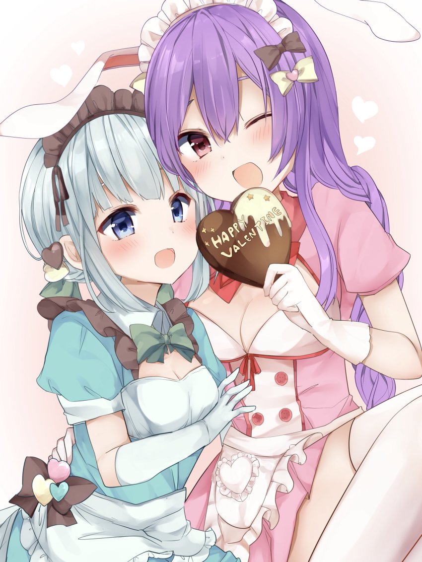 2girls alternate_costume animal_ears apron beige_bow black_bow blue_eyes blush bow bowtie breasts brown_ribbon cleavage commentary_request dress feet_out_of_frame frilled_apron frilled_shirt_collar frills gloves gradient_background green_apron green_bow green_dress green_gloves green_neckwear hair_between_eyes hair_bow hair_ornament hair_ribbon happy_valentine head_tilt heart heart_hair_ornament highres holding karasusou_nano konpaku_youmu long_hair looking_at_viewer maid_headdress medium_breasts multiple_girls one_eye_closed open_mouth pink_background pink_dress puffy_short_sleeves puffy_sleeves purple_hair rabbit_ears red_bow red_eyes red_neckwear red_ribbon reisen_udongein_inaba ribbon short_dress short_hair short_sleeves sidelocks silver_hair sitting small_breasts smile thighhighs thighs touhou waist_apron white_apron white_gloves white_legwear wing_collar yuri zettai_ryouiki