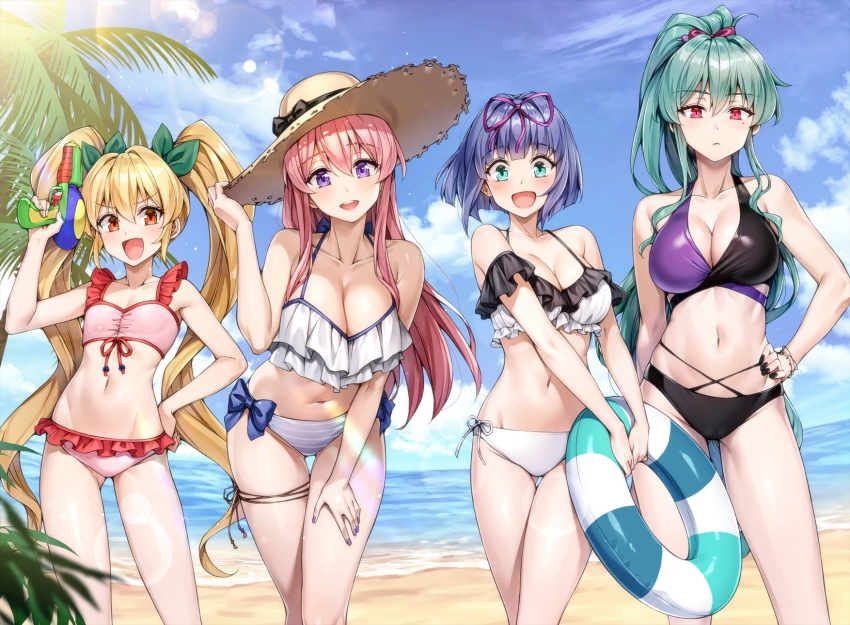 4girls aqua_eyes beach bikini black_bikini black_nails blonde_hair blue_hair bracelet breasts character_request cleavage cloud cloudy_sky collarbone commentary_request flat_chest frilled_bikini frills green_hair green_ribbon groin hair_ribbon hand_on_own_hip hand_on_own_thigh hat high_ponytail highres holding holding_swim_ring holding_water_gun ideura_shizuri innertube izumi_hina_(neet_kunoichi) jewelry koyuki_(kotatsu358) large_breasts long_hair looking_at_viewer mole mole_under_eye momochi_ayame momochi_ayame_(neet_kunoichi) multiple_girls natsumi_kanna_(neet_kunoichi) navel neet_de_otaku_na_kunoichi_to_naze_ka_dousei_hajimemashita orange_eyes outdoors palm_leaf palm_tree pink_bikini pink_hair pink_ribbon ponytail purple_eyes purple_nails red_eyes ribbon short_hair side-tie_bikini_bottom sky stomach straw_hat striped_innertube swim_ring swimsuit tree twintails water_gun white_bikini