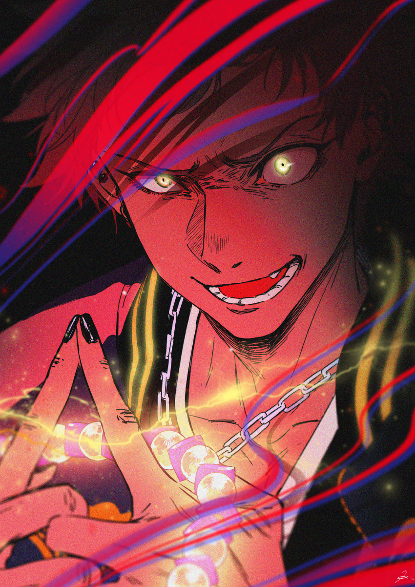 1boy :d black_nails blurry chain chain_necklace commission constricted_pupils depth_of_field fang furrowed_brow glowing glowing_eyes half-closed_eye harai_kuko highres hypnosis_mic jewelry kayo necklace open_mouth own_hands_together red_hair smile upper_body v-shaped_eyebrows yellow_eyes