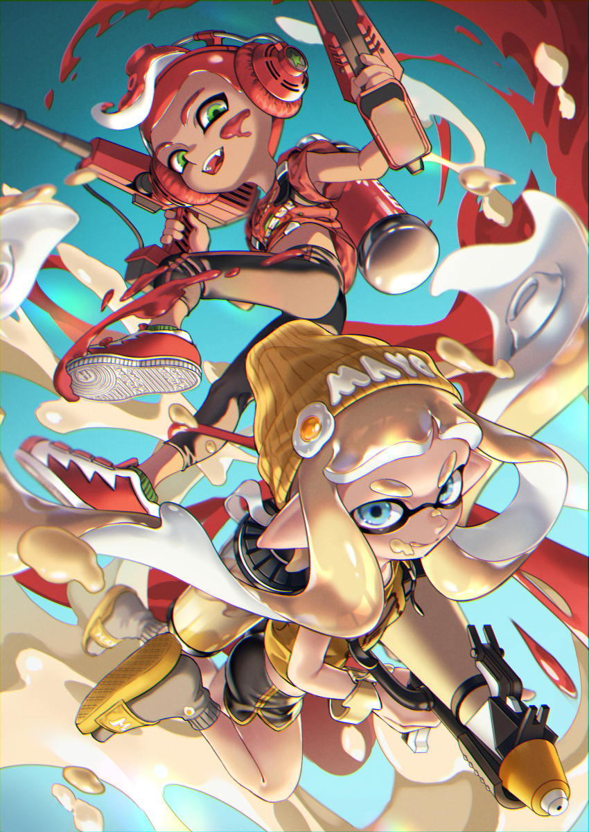 1boy 1girl absurdres beanie black_shorts black_socks blue_eyes blunt_bangs bracelet clothes_writing commentary_request dolphin_shorts dual_wielding dualie_squelchers_(splatoon) egg fang food food_on_face green_eyes hat headphones highres holding holding_weapon ink_tank_(splatoon) inkling inkling_girl inkling_player_character iria_(yumeirokingyo) jewelry jumping ketchup leggings legs_up licking_lips long_hair looking_at_viewer mayonnaise nintendo octoling octoling_boy octoling_player_character paint_splatter pointy_ears print_shirt red_footwear red_hair red_shirt sandals shirt shoes short_hair short_shorts short_sleeves shorts signature sneakers socks splatoon_(series) splatoon_2 splattershot_pro_(splatoon) star_(symbol) t-shirt tentacle_hair tongue tongue_out weapon white_hair yellow_hat yellow_sandals yellow_shirt