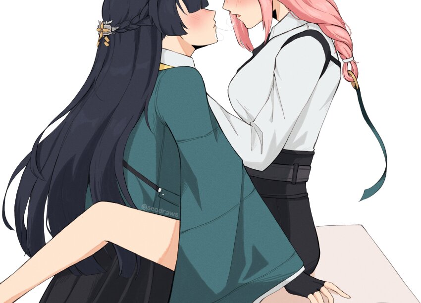 2girls after_kiss between_legs black_gloves black_hair black_skirt blush braid collared_shirt commentary english_commentary fingerless_gloves gloves green_jacket half_up_braid highres hoshimi_miyabi jacket long_hair long_sleeves multiple_girls parted_lips pink_hair saliva saliva_trail seodraws shirt simple_background skirt tsukishiro_yanagi white_background white_shirt yuri zenless_zone_zero