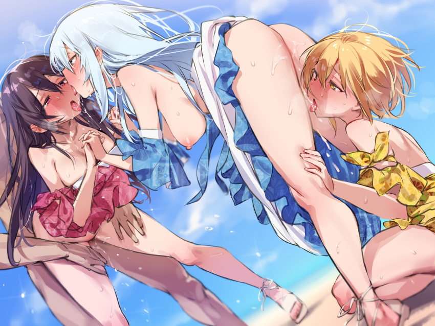 1boy 3girls aitsuki_nakuru ass beach bent_over bisexual_female blonde_hair blue_dress blue_eyes breasts brown_hair clothed_female_nude_male clothed_sex detached_sleeves dress hetero highres interlocked_fingers kneeling la_priere large_breasts love_train multiple_girls nanaichi natsume_itsuki_(voice_actor) nayuta_(voice_actor) nipples nude pink_dress pink_eyes pussy_juice saliva saliva_trail sand sandals second-party_source sex sex_from_behind standing standing_sex thigh_grab tongue tongue_out virtual_youtuber white_hair yellow_dress yellow_eyes