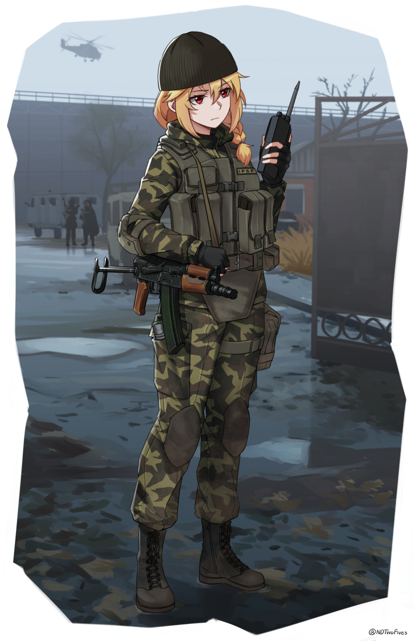 1girl 2others absurdres aircraft aks-74u assault_rifle beanie black_footwear black_gloves black_hat blonde_hair blue_sky boots braid building camouflage camouflage_jacket camouflage_pants commentary day fingerless_gloves gloves gun hair_between_eyes hair_over_shoulder hat helicopter highres holding jacket kalashnikov_rifle lace-up_boots long_hair military_combat_uniform military_uniform multiple_others ndtwofives outdoors pants puddle red_eyes rifle single_braid sky solo_focus stalker_(game) twitter_username walkie-talkie water weapon window