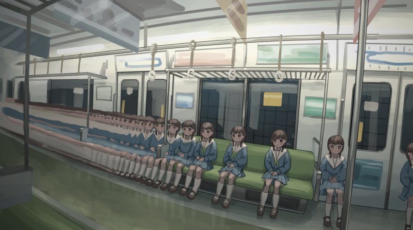 6+girls blue_shirt blue_skirt blush blush_stickers braid bright_pupils brown_eyes brown_footwear brown_hair child clone closed_mouth door expressionless flat_chest full_body glitch green_neckerchief hand_grip indoors invisible_chair kneehighs long_sleeves matching_hair/eyes miniskirt multiple_girls neckerchief noclip original pleated_skirt sailor_collar school_uniform seat serafuku shirt short_hair short_twintails sitting skirt socks tensen_(dotted_line) train_interior twin_braids twintails what white_pupils white_sailor_collar white_socks window