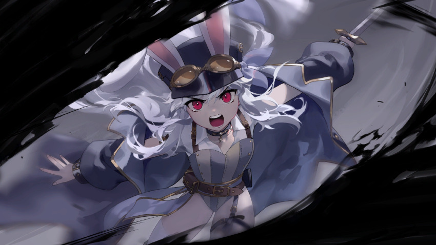 1girl animal_ears artist_request belt blue_coat check_artist coat dagger ein_lee game_cg goggles goggles_on_headwear highres holding holding_dagger holding_knife holding_weapon knife leotard long_hair long_sleeves looking_at_viewer non-web_source open_clothes open_coat open_mouth puffy_long_sleeves puffy_sleeves rabbit_ears rabbit_girl red_eyes solo teeth tevi tevi_(character) upper_teeth_only weapon white_hair