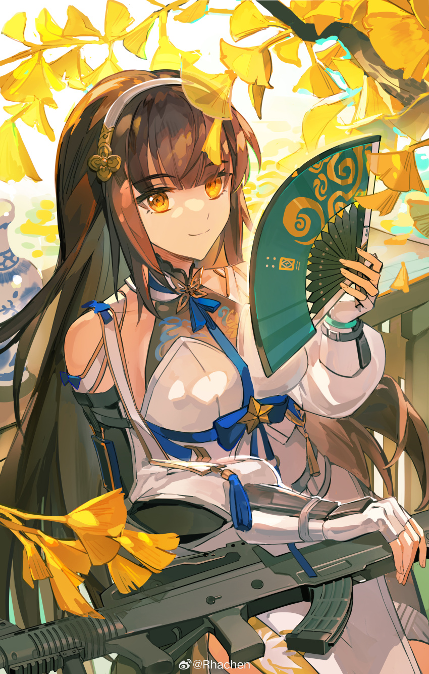 1girl absurdres assault_rifle black_hair bullpup china_dress chinese_clothes daiyan_(girls&#039;_frontline_2) detached_sleeves dress folding_fan girls&#039;_frontline girls&#039;_frontline_2:_exilium gun hairband hand_fan highres holding holding_fan looking_at_viewer pelvic_curtain porcelain qbz-95 rhachen rifle sitting smile solo tree type_95_(girls&#039;_frontline) vase watermark weapon weibo_username weibo_watermark white_dress yellow_eyes