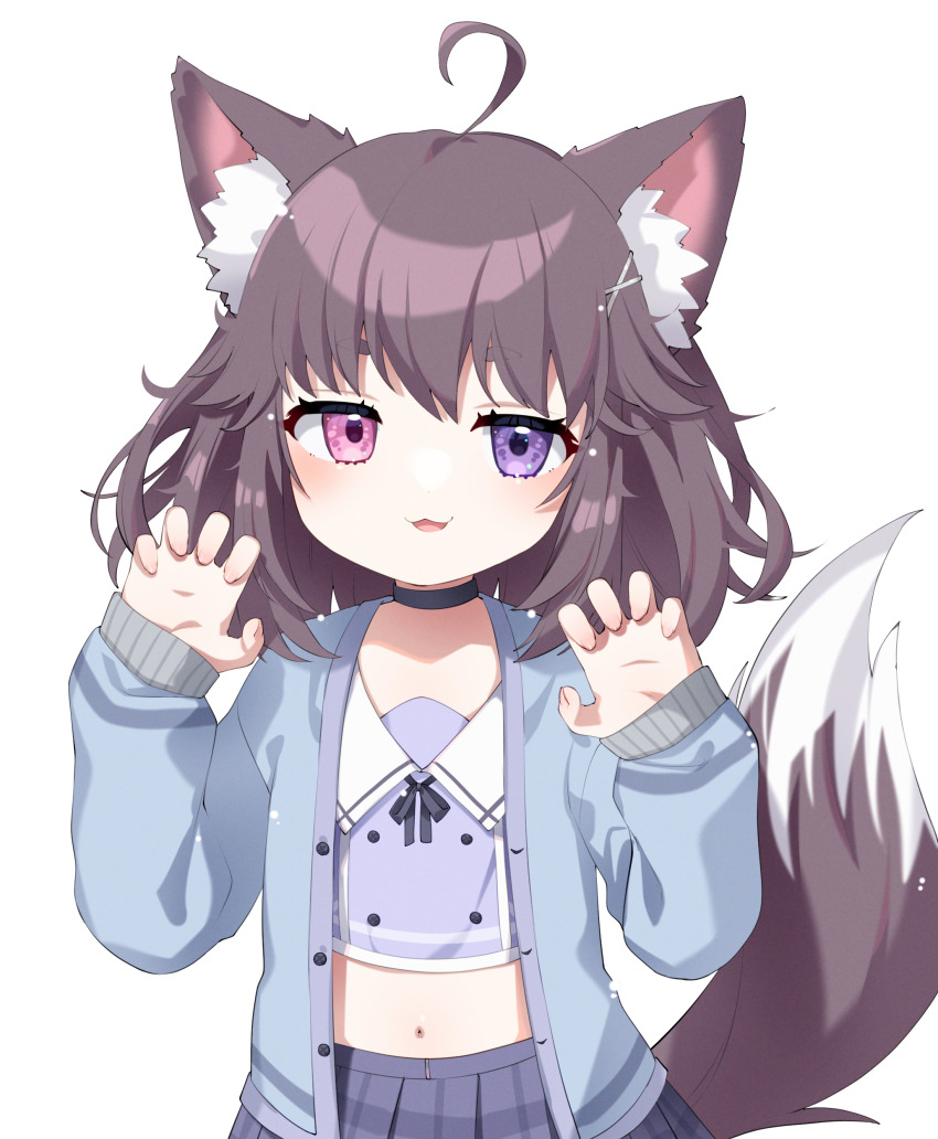 1girl :d absurdres ahoge animal_ears cardigan choker commission commissioner_upload erica_illust flat_chest gao heterochromia highres indie_virtual_youtuber midriff midriff_peek open_mouth petite purple_cardigan purple_shirt purple_skirt sailor_collar sailor_shirt shirt skeb_commission skirt smile smug solo tail tlombard2000 transparent_background virtual_youtuber wolf_ears wolf_girl wolf_tail