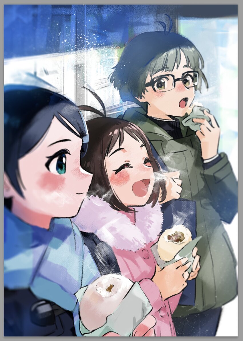 1boy 2girls ^_^ akizuki_ryo antenna_hair aqua_eyes steamed_bun black_coat black_hair blush bob_cut border breath brown_hair closed_eyes closed_mouth coat dearly_stars_(idolmaster) eating eyelashes food from_side fur_trim glasses green_coat green_eyes green_hair grey_border hidaka_ai highres holding holding_food idolmaster idolmaster_dearly_stars luncheon_meat_umai mizutani_eri multiple_girls open_mouth pink_coat scarf short_hair smile trap winter_clothes