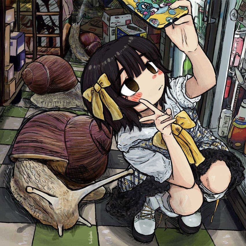 1girl black_hair blush bottle bow box brown_eyes bubbacterial bubble_bobble cardboard_box cellphone closed_mouth hair_bow highres indoors original phone selfie shoes short_sleeves smartphone smartphone_case snail solo squatting v white_shoes yellow_bow